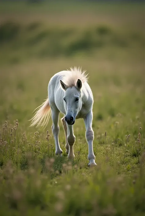 A tiny white colt wanders aimlessly in a field with dense grass. He looks weak and hungry, with his head slightly lowered. The field is serene, but carries a sense of sadness, with scattered sunlight filtering through the grass."