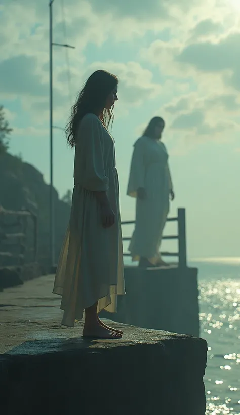 Generate an ultra realistic image where the image shows a woman standing on the edge of a bridge from the coast wanting to play herself. Behind her is a man who represents the figure of Jesus Christ