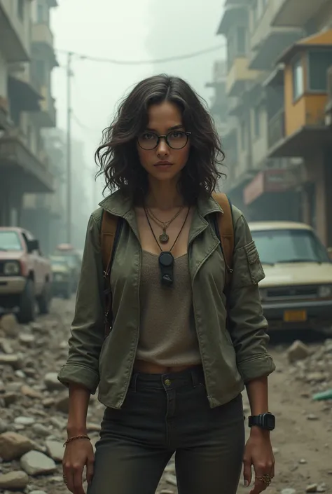 A brunette woman in glasses with curly hair in an Apocalypse setting 