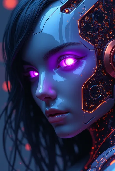 "Create a realistic illustration of half an android face with a futuristic design, set against a background filled with intricate glowing circuit details. The android should have a sleek metallic appearance with neon accents and a vivid purple eye that loo...