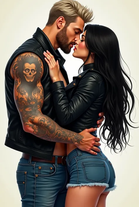  A 30-year-old man with a muscular body and slightly tanned skin ,  with navy blue eyes with ashy blond hair with a light beard on his face with a leather jacket and blue tattooed pants kissing passionately with a 29-year-old woman with white skin and long...