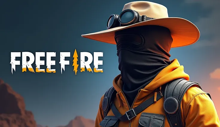 Create an image featuring a character from a battle royale game similar to Free Fire. The character is wearing a stylish desert outfit, including a wide-brimmed hat with goggles on top. The character has a face mask and a futuristic, armored suit. The back...