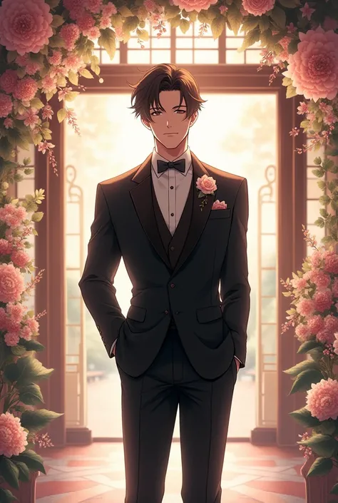 Man in a black suit anime wedding