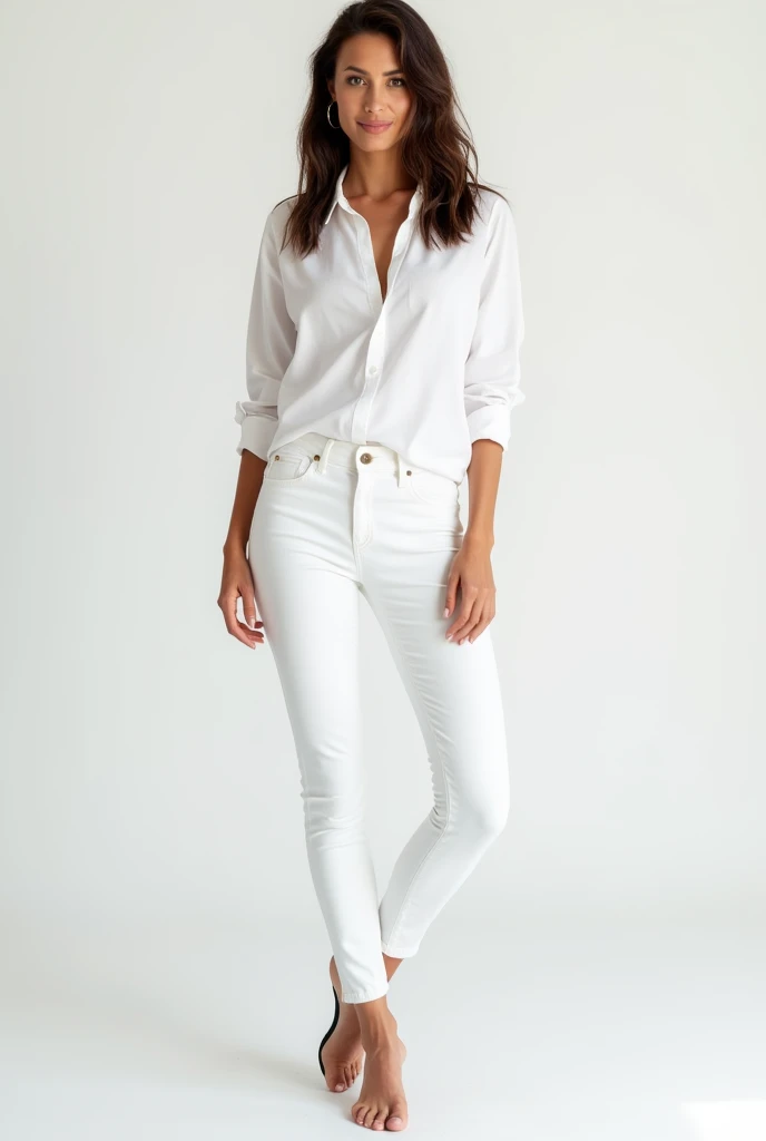 High quality, high resolution, realistic photo, Beautiful brunette brazilian woman, middle hair, 30 years old, fit body and proportional measurements, soft smile, wearing white shirt and white slim pants, white environment background. middle hair, slightly...