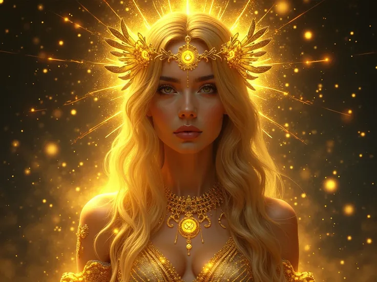 (masterpiece) ( realistic )  ( very detailed)  I am strong ,  goddess ,  mannifesation , woman , sexy,  cosmos background , gold glitter  , gold licht , Bright, yellow neon , magical , magicale kräfte,  mystical symbols and runes, 