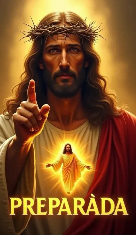 

"Create a highly detailed and dramatic digital painting of Jesus Christ. He should have a crown of thorns, long wavy hair, and a solemn yet compassionate expression. His gaze should be direct, pointing outward with his finger as if addressing the viewer....