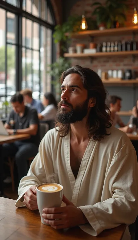 Jesus drinking coffee in a modern coffee shop