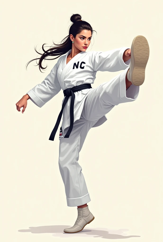 Vector of a white taekwondo woman kicking and wearing the initials NYC 