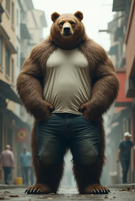  A full body photo,  seen from below , of an anthropomorphic bear in the skin of a bear ,  with the body of a human ,  wearing casual clothing and with its hands in its pockets.