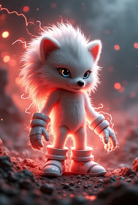 A fictional hedgehog which have white gloves and red electricity around it with infinity powers in the space with electronic space ships