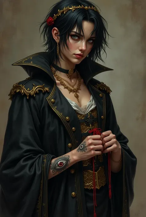 Castlevania style, Brown skin, White eyes blind without life, Black hair in a medium side cut ,  has eye tattoos around the arms ,  and a crown of thorns tattoos around the neck ,  and one wears a black traveler's costume and gold jewelry , with you,  alwa...