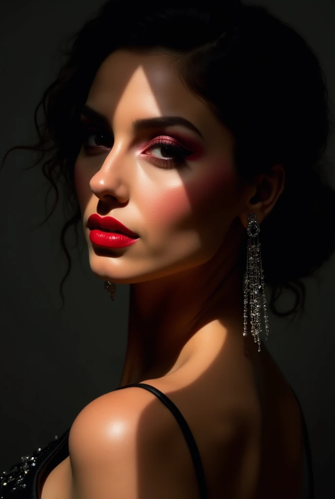  Creating a woman with dramatic and glamorous makeup .  Her mouth is made up with an intense, bright red lipstick that stands out against her illuminated skin.  The shadows on her eyes are reddish , vibrant and smoky ,  giving a bold and sophisticated effe...