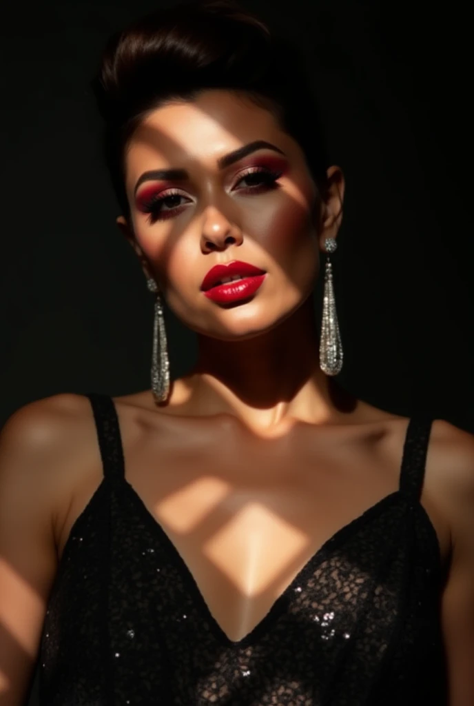  Creating a woman with dramatic and glamorous makeup .  Her mouth is made up with an intense, bright red lipstick that stands out against her illuminated skin.  The shadows on her eyes are reddish , vibrant and smoky ,  giving a bold and sophisticated effe...