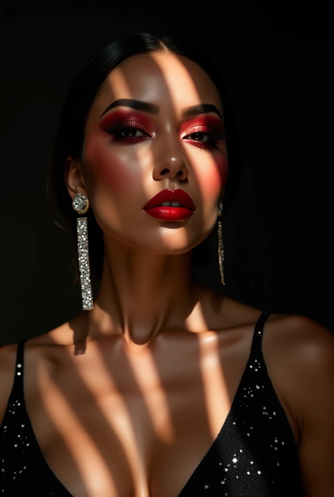  Creating a woman with dramatic and glamorous makeup .  Her mouth is made up with an intense, bright red lipstick that stands out against her illuminated skin.  The shadows on her eyes are reddish , vibrant and smoky ,  giving a bold and sophisticated effe...