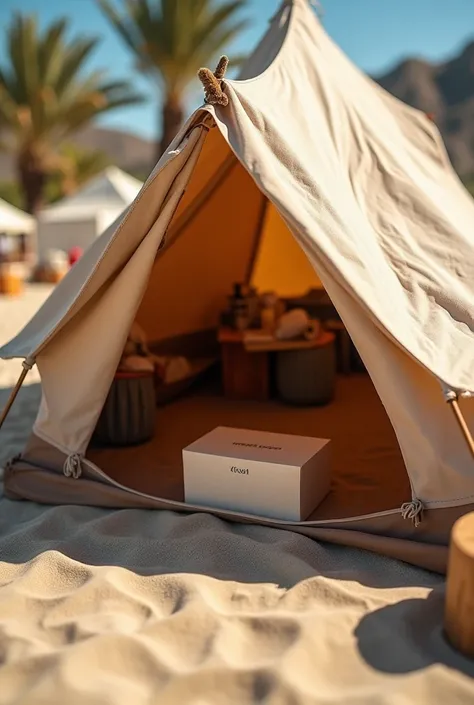 A scenic outdoor setting with a tent set up in a beach area, surrounded by the beaches of Lima Peru.  The focus is on the open entrance of the store ,  revealed by a product box carefully placed inside , at the entire entrance of the store.,  positioned to...