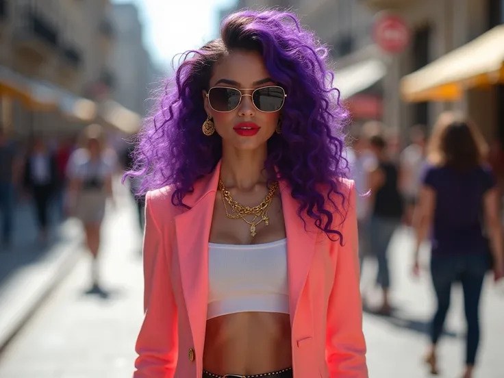 (( best quality )), (( masterpiece )), (detailed),   perfect face ,  perfect body ,  elegant and luxurious, boss lady, red full lips,  blue eyes , neon purple curly hair,  weisses blazer croptop und higheels, gold jewelry ,  realistic ,  walking on the str...