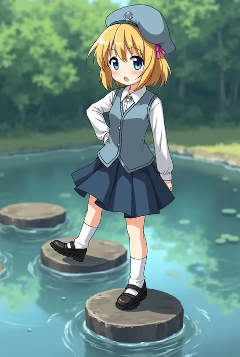 Anime girl, mischievous smile, short dark yellow hair, pink hairpin, light blue army cap, blue eyes, blue-grey vest, white blouse, dark blue skirt, white stockings, chunky dirty black mary Janes, standing on her toetips on a a flooded stepping stone in a p...