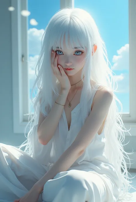  In a room sitting on the floor there is a real Korean woman with very extremely long, semi-wavy white hair with bangs and blue eyes covering her face with one hand, a light is reflected on it that projects white clouds and a clear blue sky ( Wear sleevele...