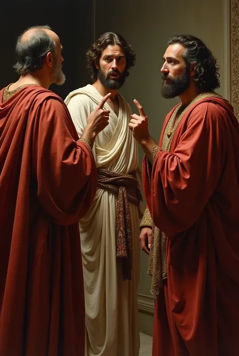  John the Baptist is confronting two noble-looking men, wearing rich, long clothes .  His expression is stern as he points the finger at them .  The leaders seem outraged and surprised .