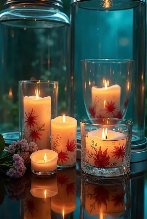 Picture of scented candles in glass of elegant and big fish tanks name Kimberlyn Sotelo with KS logo 