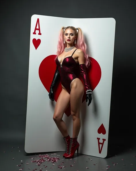 A young woman, likely Caucasian, in her late s or early twenties, is depicted. She is dressed in a Harley Quinn-inspired costume: a red and black leotard with a corset-like bodice, black leather gloves, and high-heeled red boots.  She is wearing long, styl...