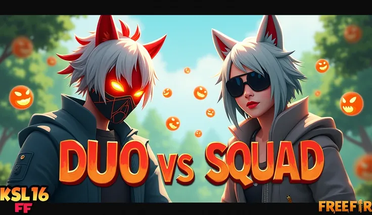 Create an image from a battle royale game similar to Free Fire. The focus should be on two characters: one with white and red hair, wearing a mask with a fiery design, and the other with silver hair and wolf ears, wearing sunglasses. The background should ...