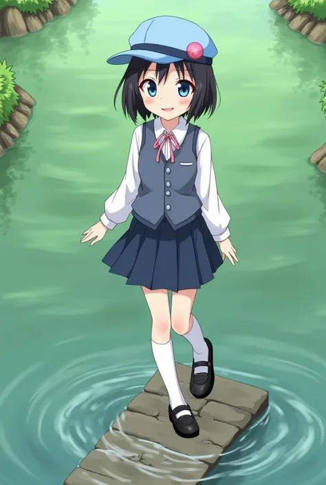 Anime girl, mischievous smile, short dark yellow hair, pink hairpin, light blue army cap, blue eyes, blue-grey vest, white blouse, wet dark blue skirt, white stockings, chunky black mary Janes, standing in a pond, her right feet on a a flooded stepping sto...