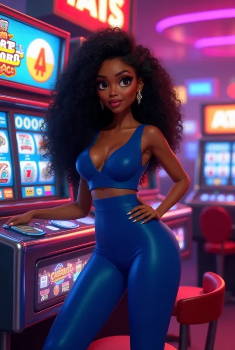 Pixar a black woman with curly long black hair blue clothes dark eyes with money in one hand and the other on the side of the Tigrinho of the slots and the side of the slot machines