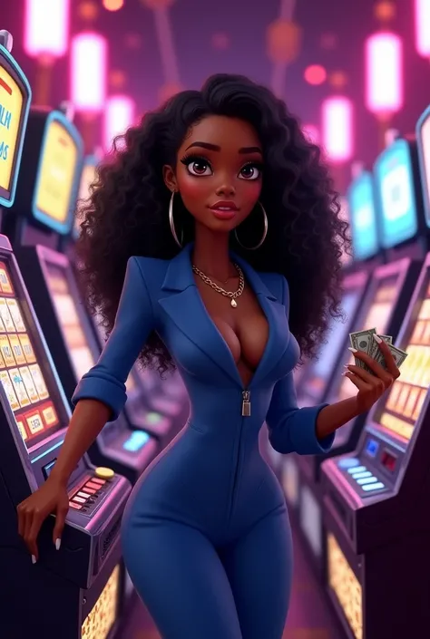 Pixar a black woman with curly long black hair blue clothes dark eyes with money in one hand and the other on the side of the Tigrinho of the slots and the side of the slot machines