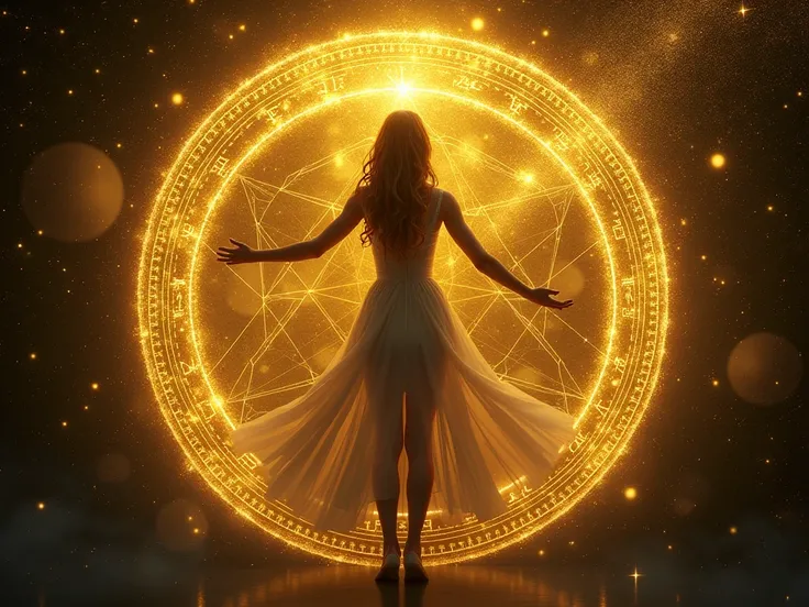 (( best quality )), (( masterpiece )), (detailed),  I am strong ,  goddess ,  mannifesation , woman , sexy,  cosmos background , gold glitter  , gold licht , Bright, yellow neon , magical , magicale kräfte,  mystical symbols and runes, 