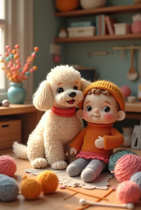  the concept of this company is to make dolls with yarn by hand,  IN THE IMAGE MUST CONTAIN: A POODLE WITH ITS HUMAN OWNER AND THE NAME OF THE COMPANY: Merakigumi 