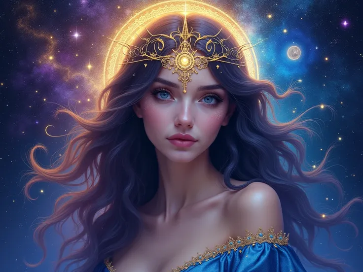 (( best quality )), (( masterpiece )), (detailed),  I am strong ,  goddess ,  mannifesation , woman , sexy,  cosmos background , gold glitter  , gold licht , Bright, royal blue ,violet , magical , magicale kräfte,  mystical symbols and runes, 