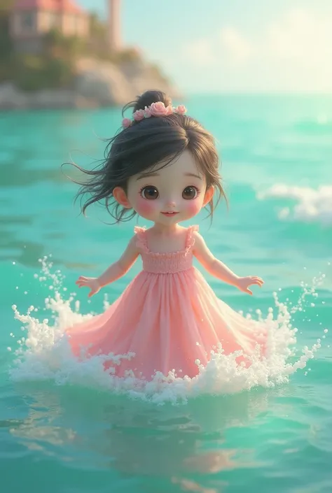 Create a girl with a tender blackhead with white skin and a pink dress coming out of the happy sea 