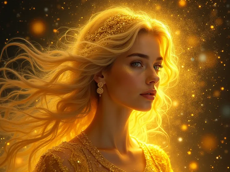 (masterpiece) ( realistic )  ( very detailed)  I am strong ,  goddess ,  mannifesation , woman , sexy,  cosmos background , gold glitter  , gold licht , Bright, yellow neon , magical , magicale kräfte,  mystical symbols and runes, 