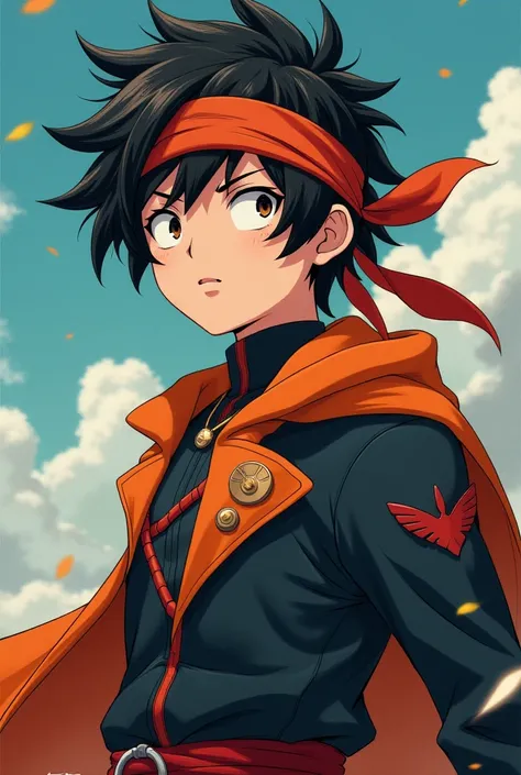 A 20-year-old male martial artist wearing an orange bandana with red on his head and wearing a UA school uniform from the anime My Hero Academia ,with disheveled black hair and no ribbon on his head  