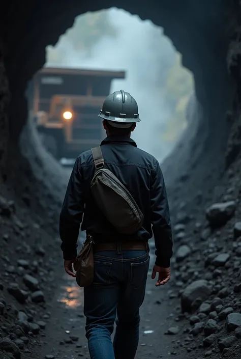 Seen from the back of a male miner wearing a gray project helmet, wearing a black long-sleeved shirt, jeans, safety shoes, a waist bag, walking towards a very dark tunnel, black stones, smoke, a ray of light, heavy equipment load haul dump