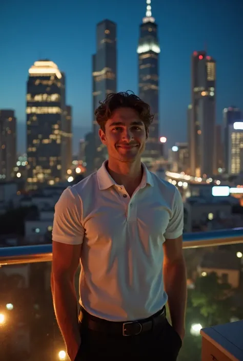     Portrait of a handsome and athletic man .  slightly wavy short hair , The bangs fall slightly down the forehead, 22 years old . Polo shirt and dress pants. formal casual .  black belt.  clear sky , Night,  surrounded by skyscrapers that shine with urba...