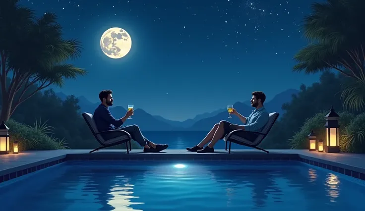 Two men are sitting relaxing on the edge of the swimming pool, with a night background