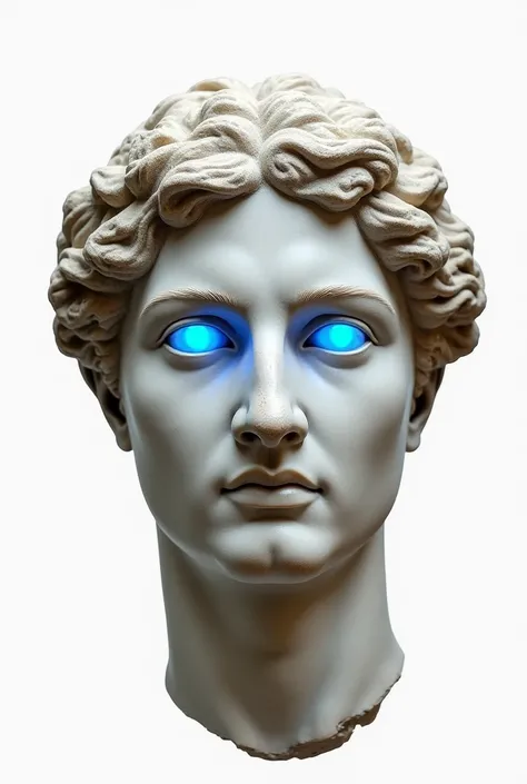 A close-up view of an ancient Greek statue's head, looking directly forward as if making eye contact. The statue has vibrant, glowing blue eyes that stand out against the textured marble surface. The background is pure white, highlighting the statue's expr...