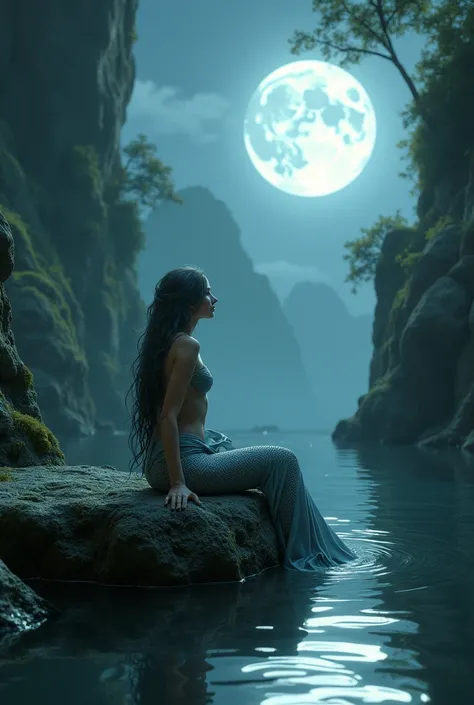 Take that same photo and make the mermaid sitting on a rock watching the moonlight 