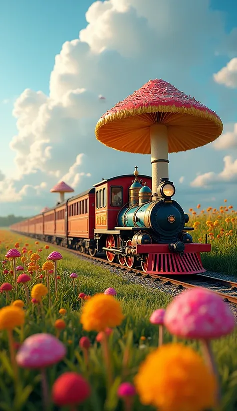 A colorful locomotive on a train line , The Train is infected ,  in a field with several giant and colorful mushrooms , with huge, sweet flowers ,  the locomotive has colors and creative design , The locomotive is coming on the horizon