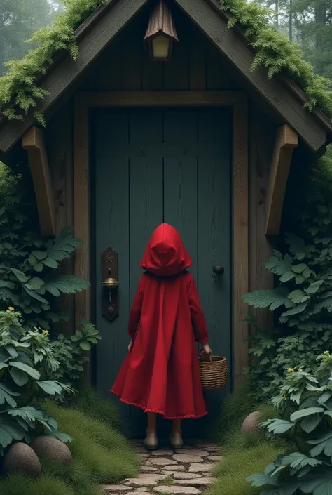 The Little Red Riding Hood knocks on the door of a house without the entire house being seen