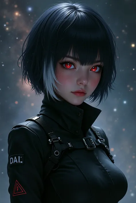 Girl with short black hair with a white lock,  red eyes.  wearing black military clothing. Spaceship in the Galaxy Scenery 