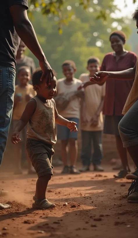 "A person reaching out to help another get up from a dirt floor, in a gesture of compassion and solidarity .  In another part of the scene ,  a diverse community embracing or holding hands together ,  with smiles of relief and gratitude after overcoming a ...