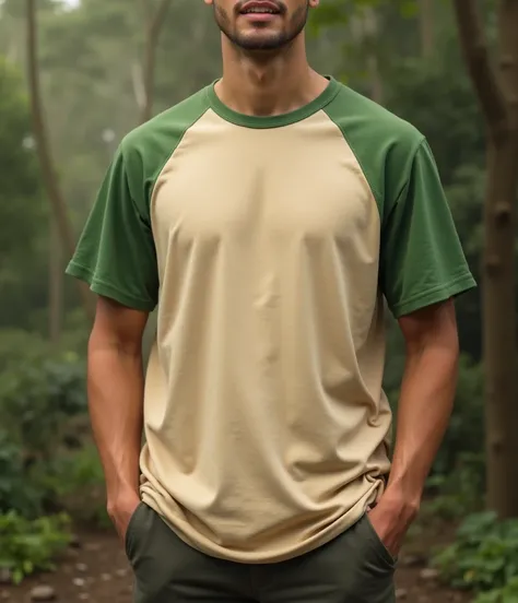 beige t-shirt with moss green sleeve