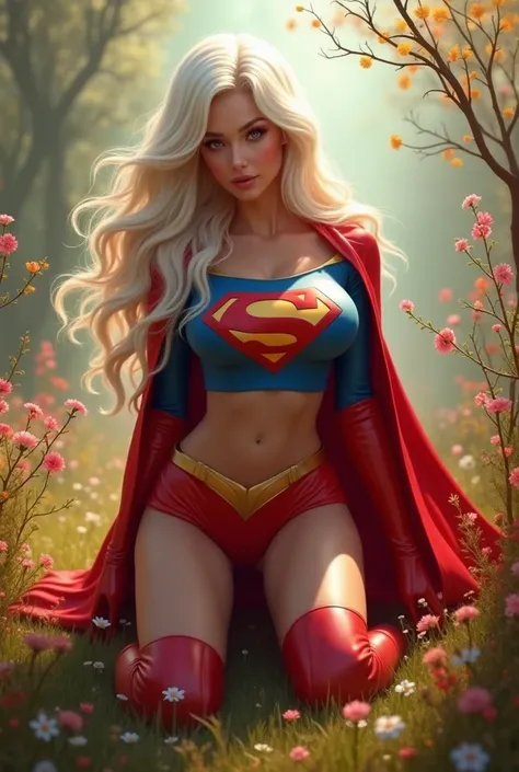  Sexy Supergirl with extra big breasts,  white hair tight ass , ( Supergirl costume ,  red SUPERGIRL boots with a big symbol "S". she&#39;s on all fours,  putting her breasts forward , branch field ,  lots of colors