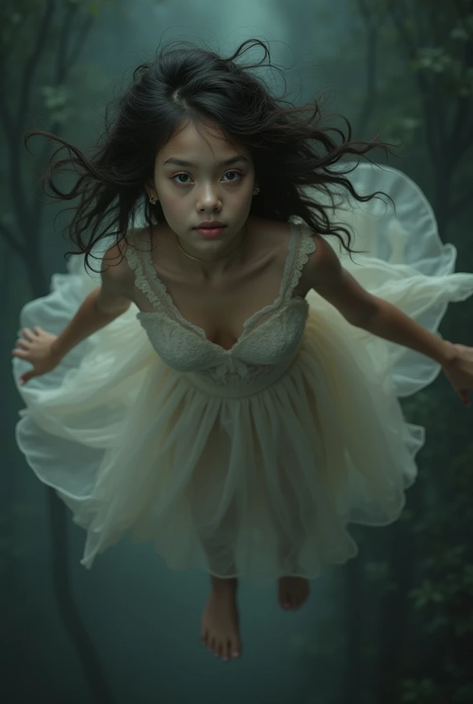 a girl levitating in the air, gravity-defying, beautiful detailed eyes, beautiful detailed lips, extremely detailed face, long eyelashes, elegant flowing dress, dramatic lighting, moody atmosphere, cinematic composition, surreal, dark fantasy, muted color ...