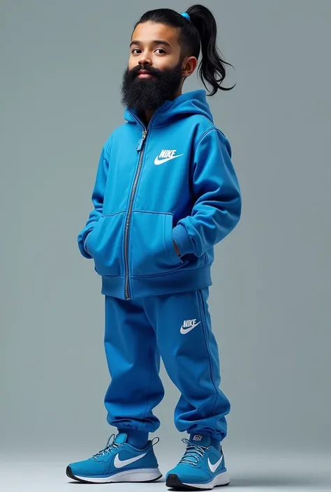 BOY with beard, same as Baby Gang, Arab beard, Nike tracksuit and blue pants and NikeTna blue neon shoes, the background is a realistic image of a full body and standing, black hair with a short ponytail like a singer,barba corta y la cola corta,Short bear...