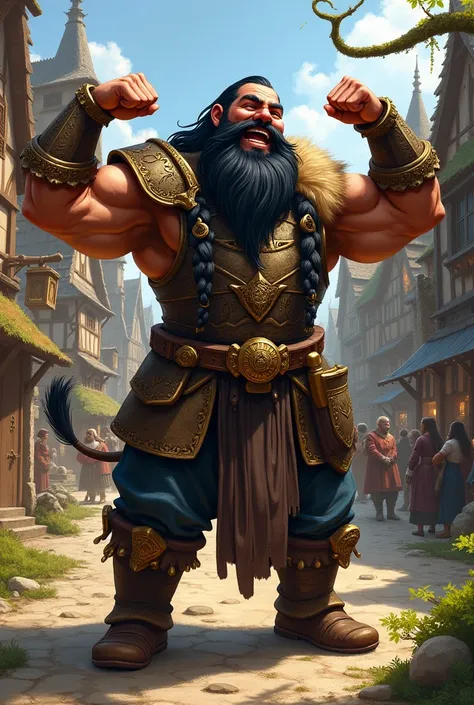 "Powerful Dwarf warrior in a medieval fantasy setting, depicted in a painting-like art style with bold brushstrokes and vivid, Impressionist colors. The dwarf is robust, strong, and muscular, standing confidently in a bustling medieval village. He has a lo...