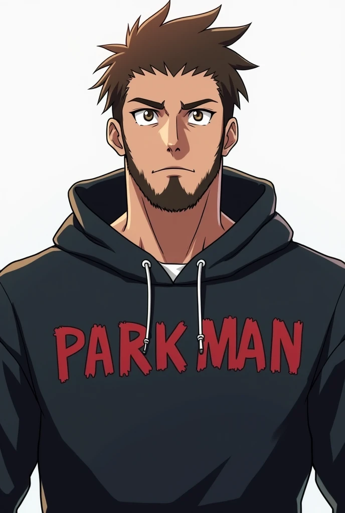 General, an anime of a muscular and courageous young man, from the front, brown hair and eyes, with a beard and military style hair, wearing a dark and scary sweatshirt with PARKMAN written on it, leaves the background of the image neutral